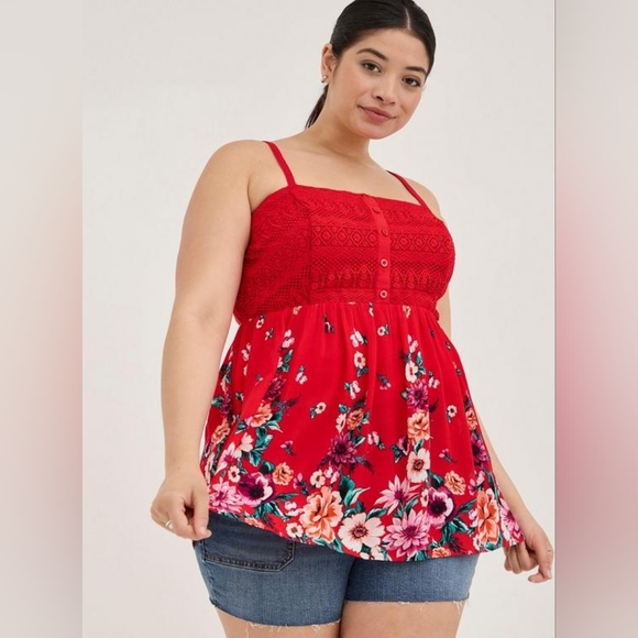 torrid Tops - NWT! Torrid red floral Babydoll Gauze Crochet Trim Cami size 4